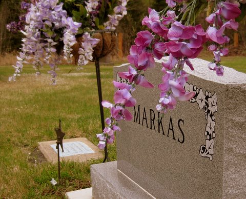 An upright gray granite headstone with floral corner engraving, framed by hanging wisteria blossoms, with a flat marker beside it.