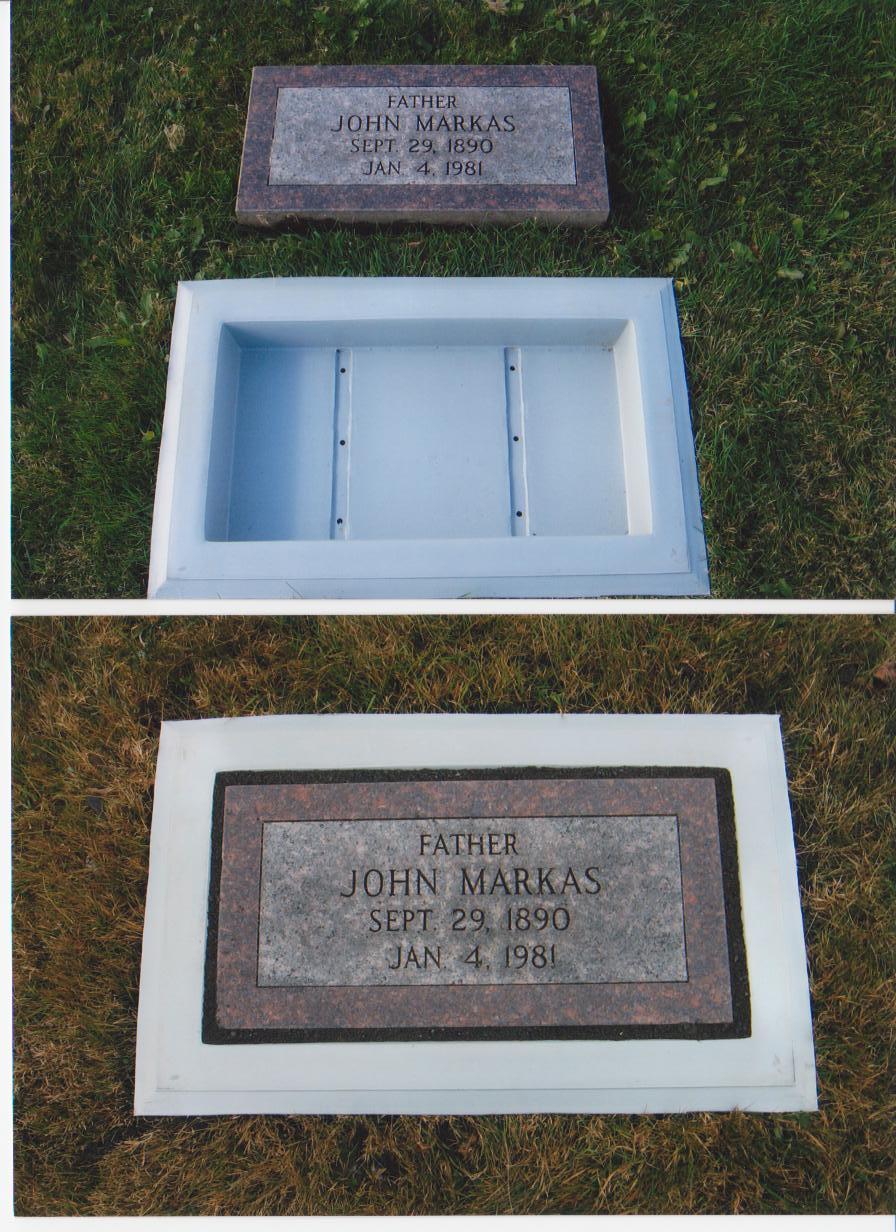 Three-stage photo: the marker before installation, the empty Grave Saver frame set in the lawn, and the finished installation with the marker level inside the frame.